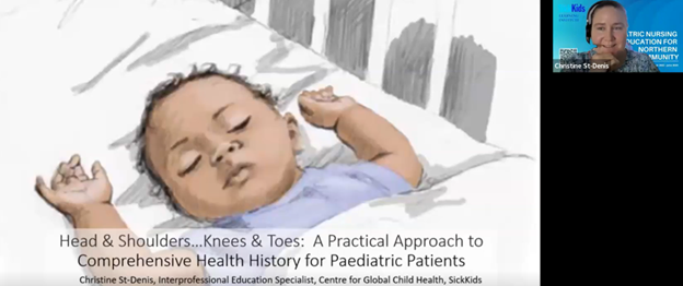 Illustration of a baby sleeping in a crib, promoting pediatric health history education by Christine St-Denis at SickKids.