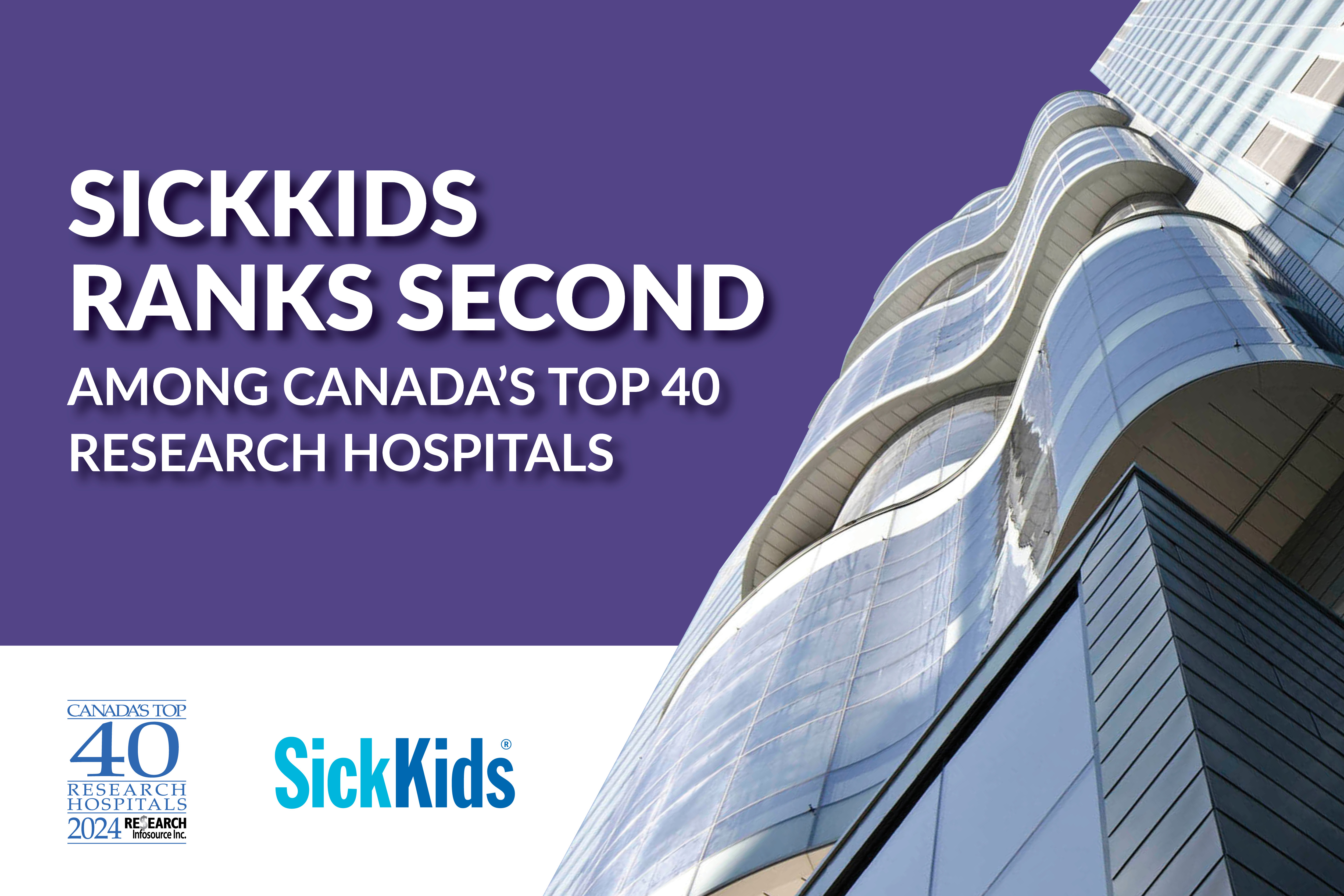 The PGCRL building beside text reading "SickKids ranks second among Canada's Top 40 Research Hospitals."