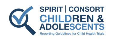 Logo for SPIRIT–CONSORT Children & Adolescents: reporting guidelines for child health trials, with a magnifying glass and checkmark symbol 
