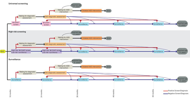 Graph which shows the difference between outcomes for children with autism depending on what level of screening or surveillance.