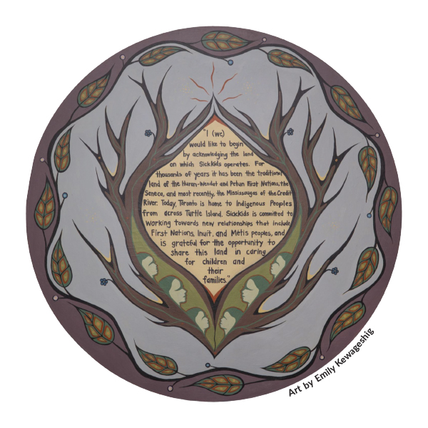 Indigenous artwork including our land acknowledgement statement in the centre.