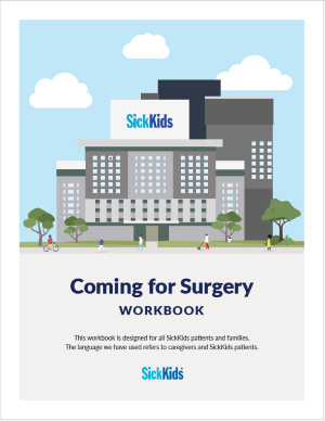 A cartoon rendition of a hospital with the title "Coming for Surgery Workbook"