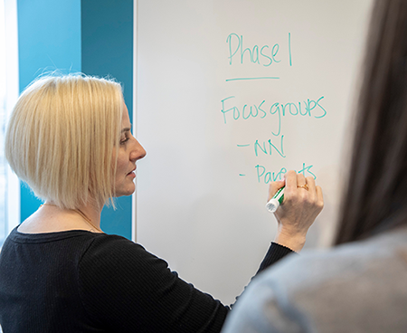 Dr. Angie Lim writing a research plan on a whiteboard
