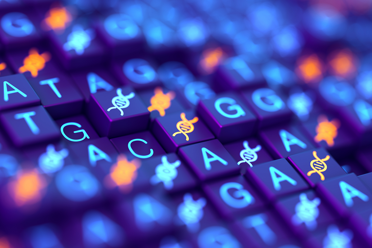 Digital screen with DNA strands and sequencing ATGC data background. 