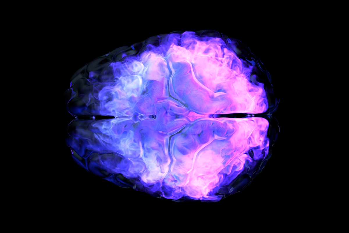 An abstract rendering of a brain, pink and blue on a black background.