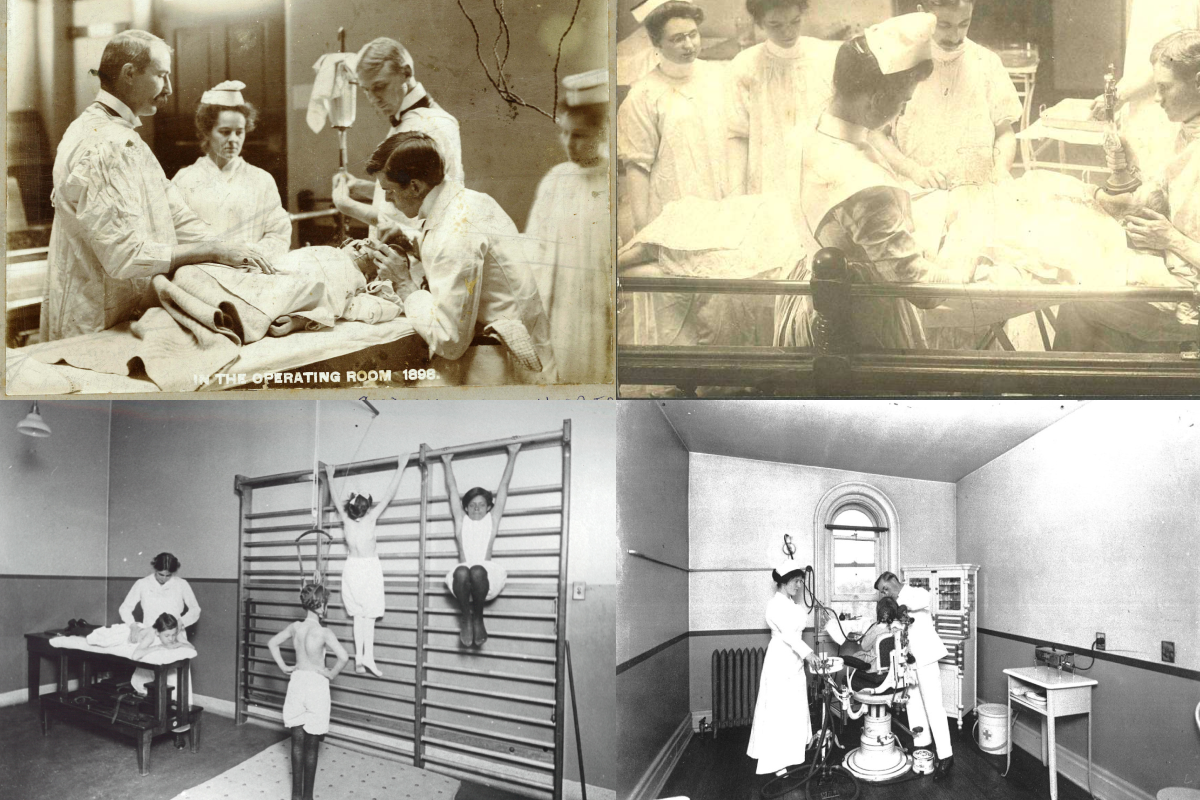 Historical collage of hospital care showing four scenes: surgical operations from 1898, physical therapy with wall bars, and nurses using medical equipment.