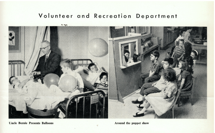 Vintage hospital yearbook page showing "Uncle Bernie" giving balloons to children and puppet show entertainment.