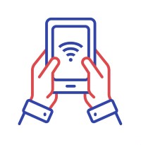 Illustration of two hands holding a smartphone with a Wi-Fi signal icon displayed on the screen.