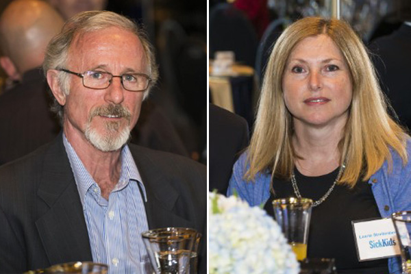 Split screen image showing a man on the left and a woman on the right, both dressed semi-formallu.