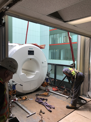 MRI slides inside the building, image taken from inside.