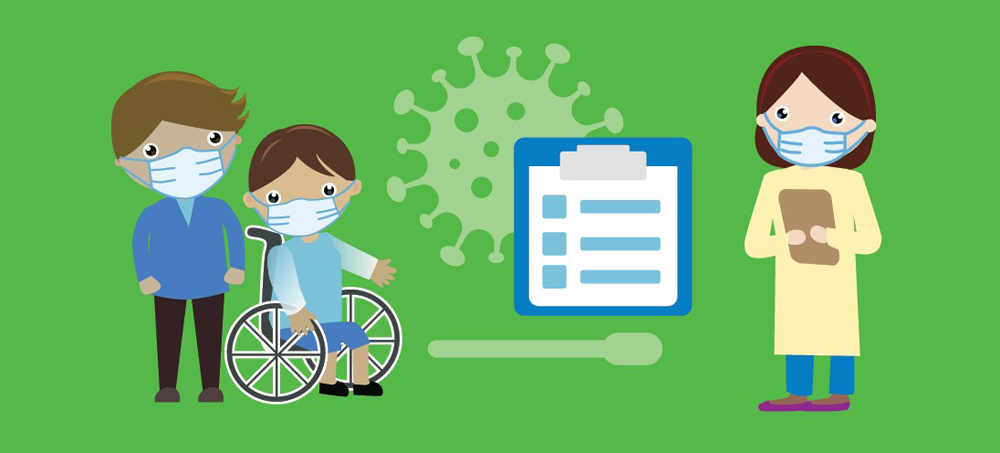 Illustration of a parent and child with a health-care worker wearing a mask