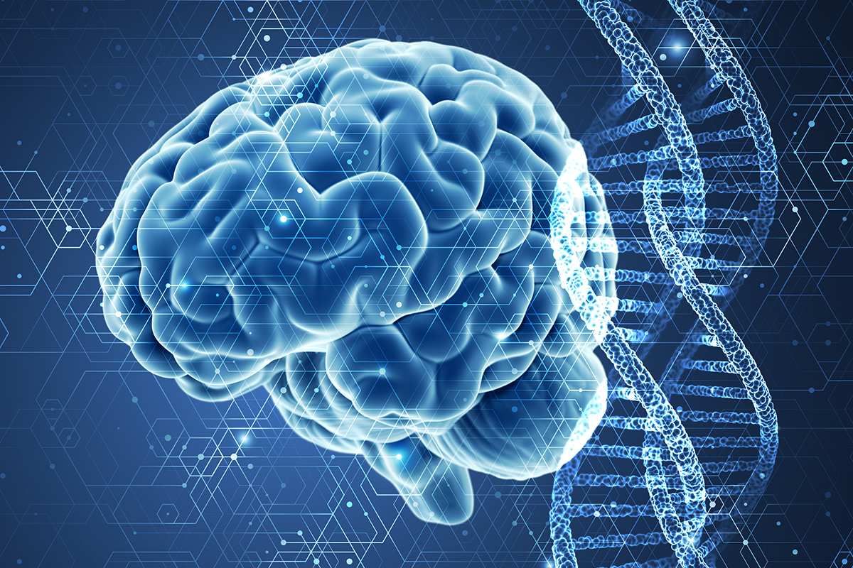 Graphic showing a brain and DNA with a hexagonal pattern overlaid.