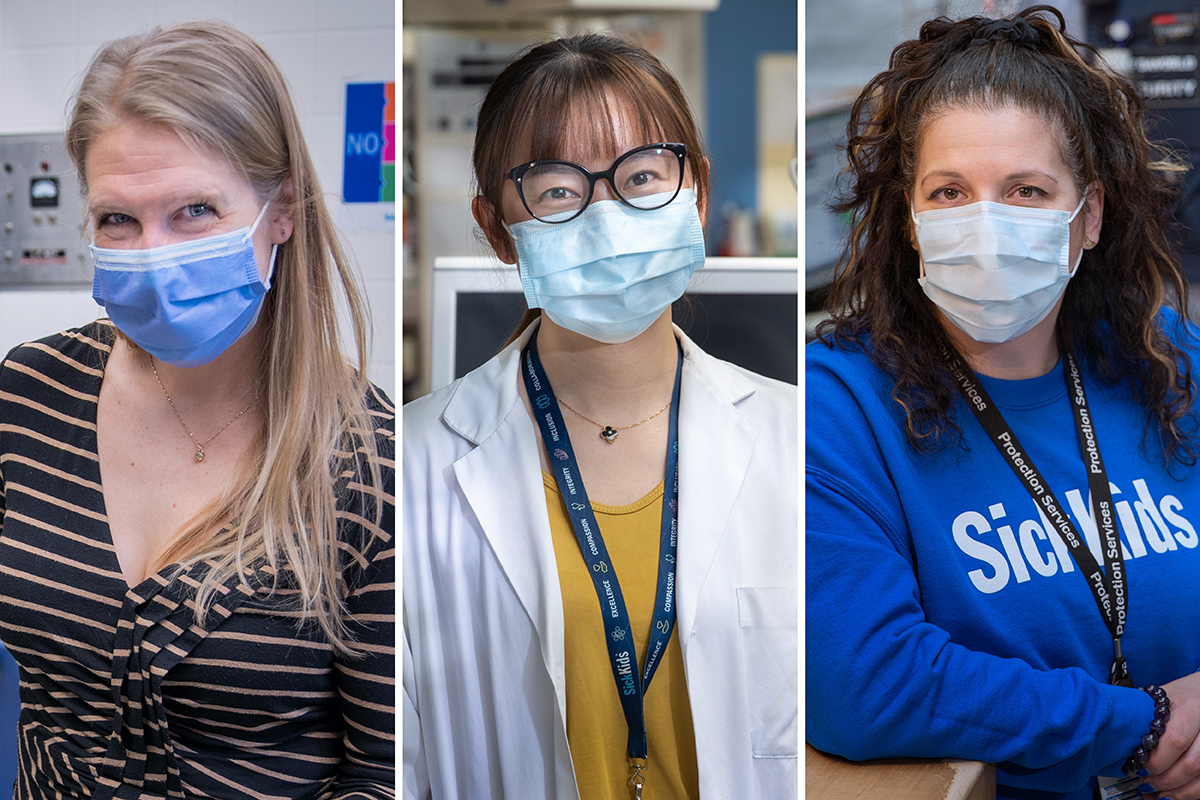 Headshots of three women wearing masks grouped together in a collage.