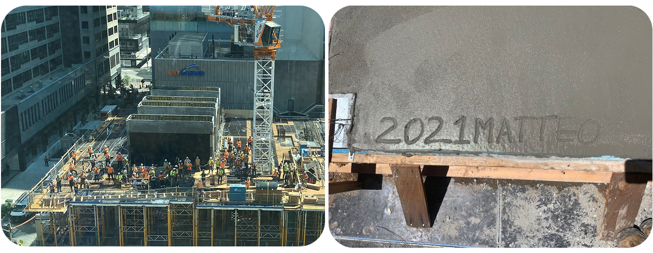 Photo 1: an aerial photo of a construction crew gathered on a construction site waving and holding a sign that says "Hi Matteo" Photo 2: a slab of wet concrete with the words 2021 Matteo written in it