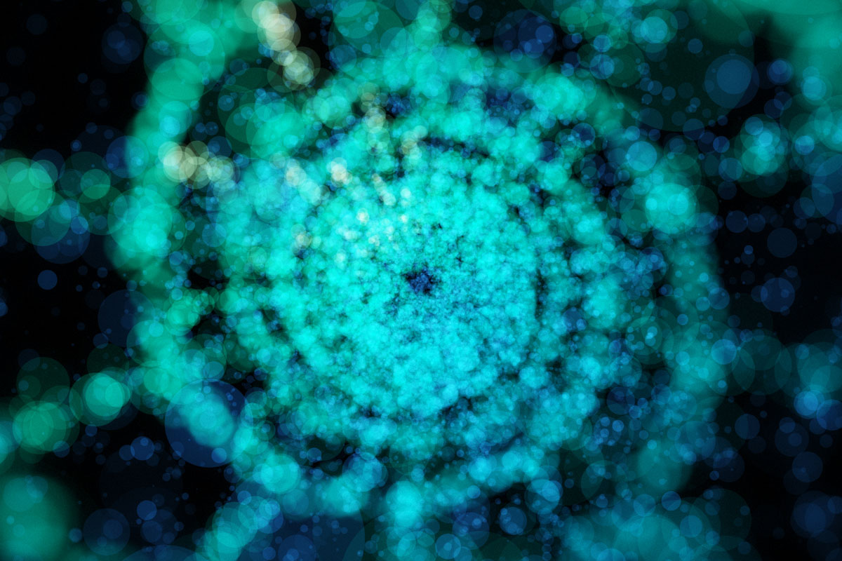 Light green spiral with blue accents against a dark background.