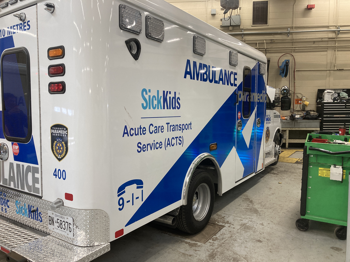 SickKids ACTS ambulance inside a garage