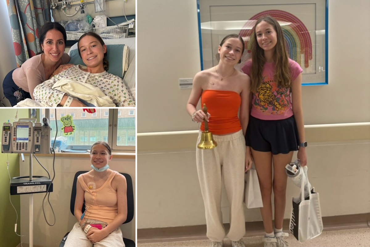 A collage of three photos of Alexandra with a nurse at SickKids, Alexandra at an appointment and Alexandra ringing the bell with her sister
