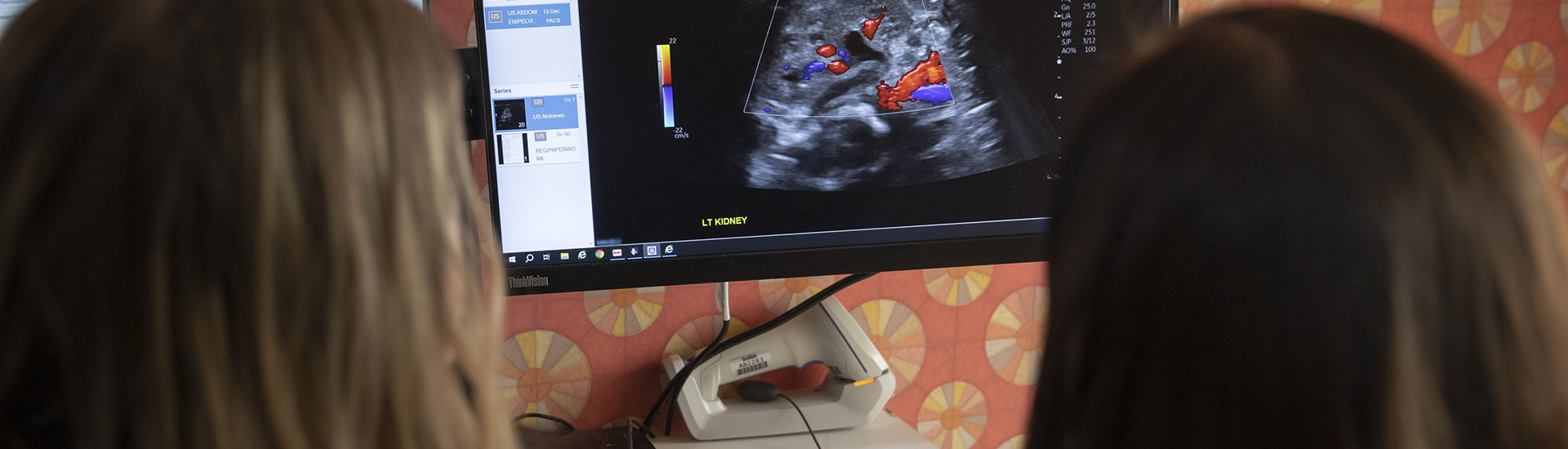 Two people at a computer screen that is displaying an ultrasound image.
