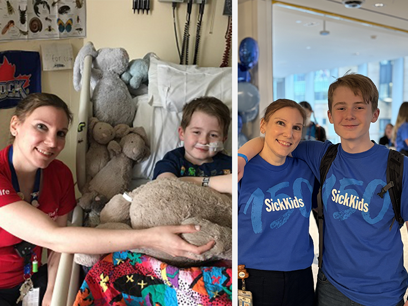 Two images side by side: on the left, Natalie crouches beside a young boy in a hospital bed. On the right, years later, Natalie and the boy, now older, wear SickKids t-shirts.