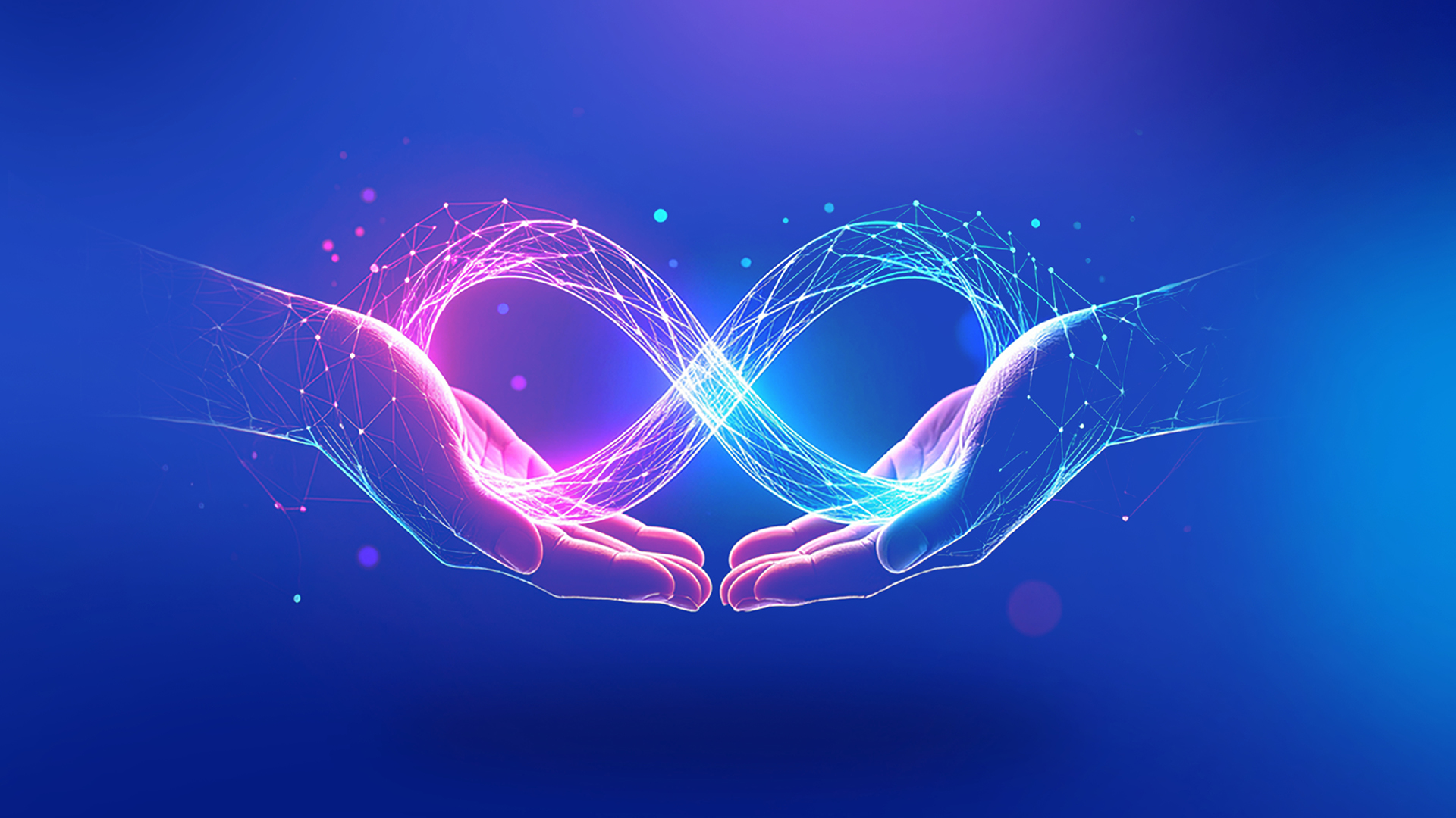 Two hands reaching toward each other with flowing networks of interconnected light trails in pink and blue colors against a dark gradient background, symbolizing digital connection and data flow.