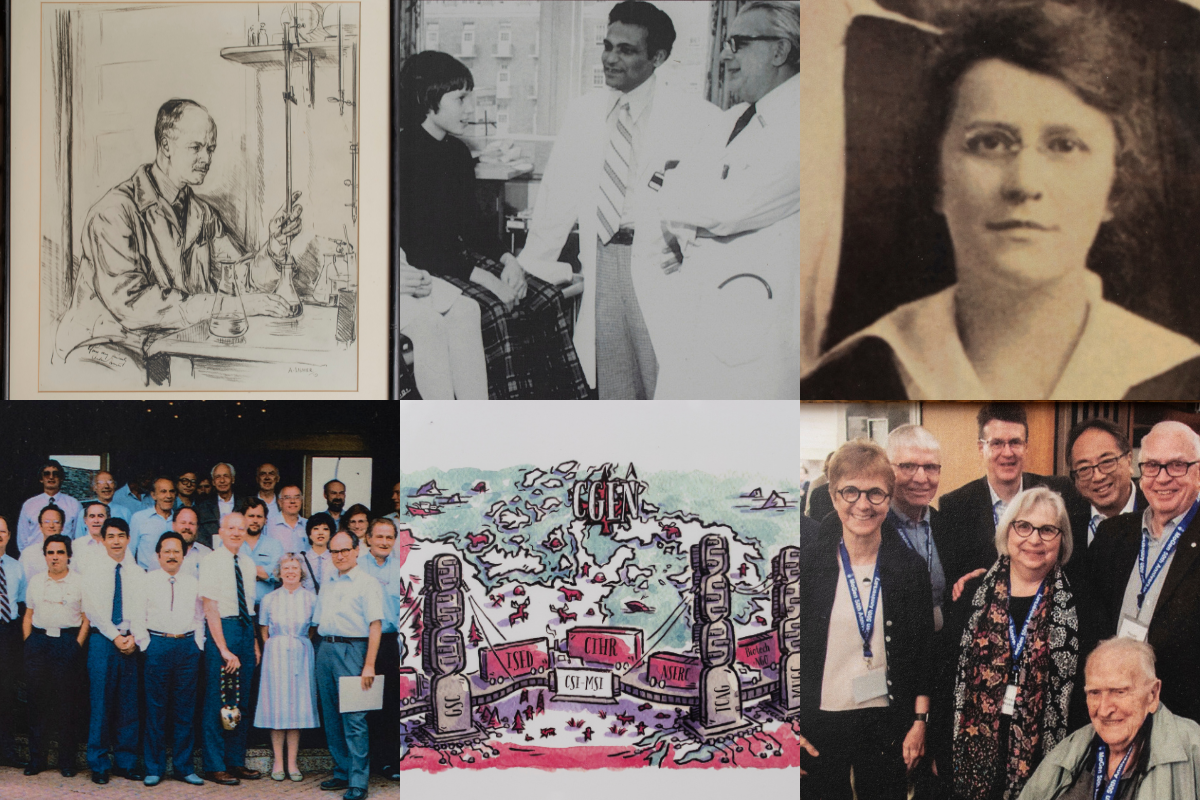 A collage of a sketch of Dr. Andrew Hunter, photo of  Dr. Bibudhendra (Amu) Sarkar, photo of Dr. Gladys Boyd, group photo of the Human Genome Organization, illustration of the CGEn bridge and group photo for the 50th anniversary of U of T Molecular Genetics.