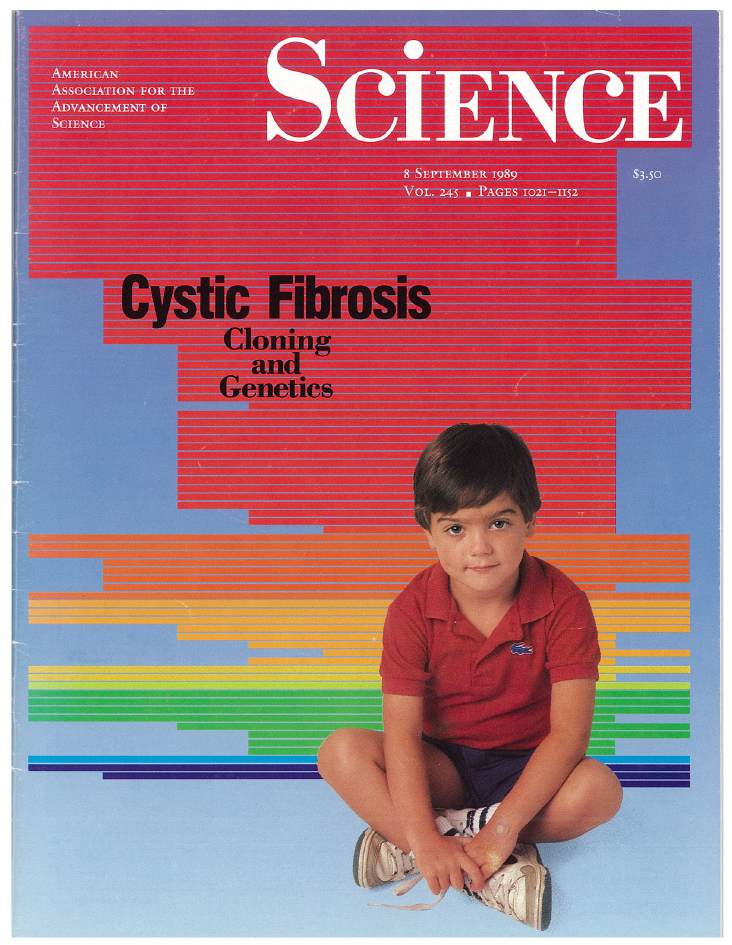 Cover of Science magazine from September 1989 featuring the headline 'Cystic Fibrosis: Cloning and Genetics' and a child seated against a colorful striped background.